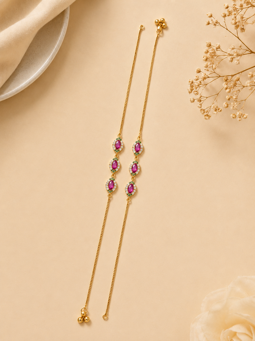 18K Gold Dipped Ruby & Emerald Anklet