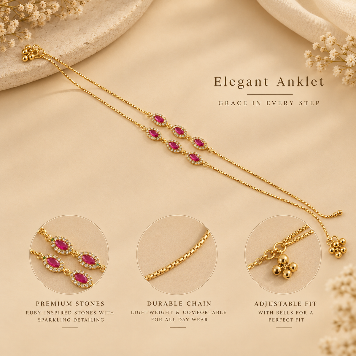 18k Gold Dipped Antique Ruby Mani Anklet