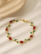 Ruby with Green Tulip Vine Anti-Tarnish Bracelet