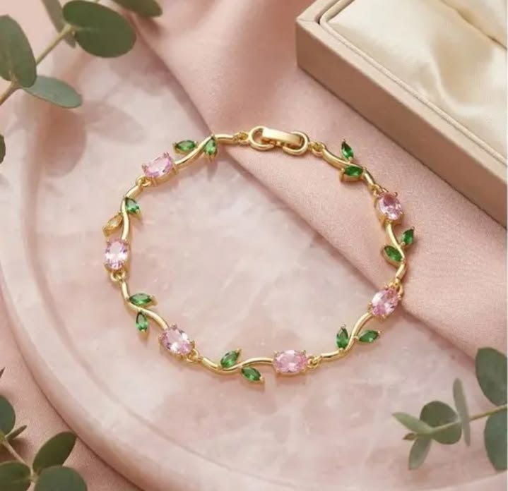 Pink with Green Tulip Anti-Tarnish Bracelet