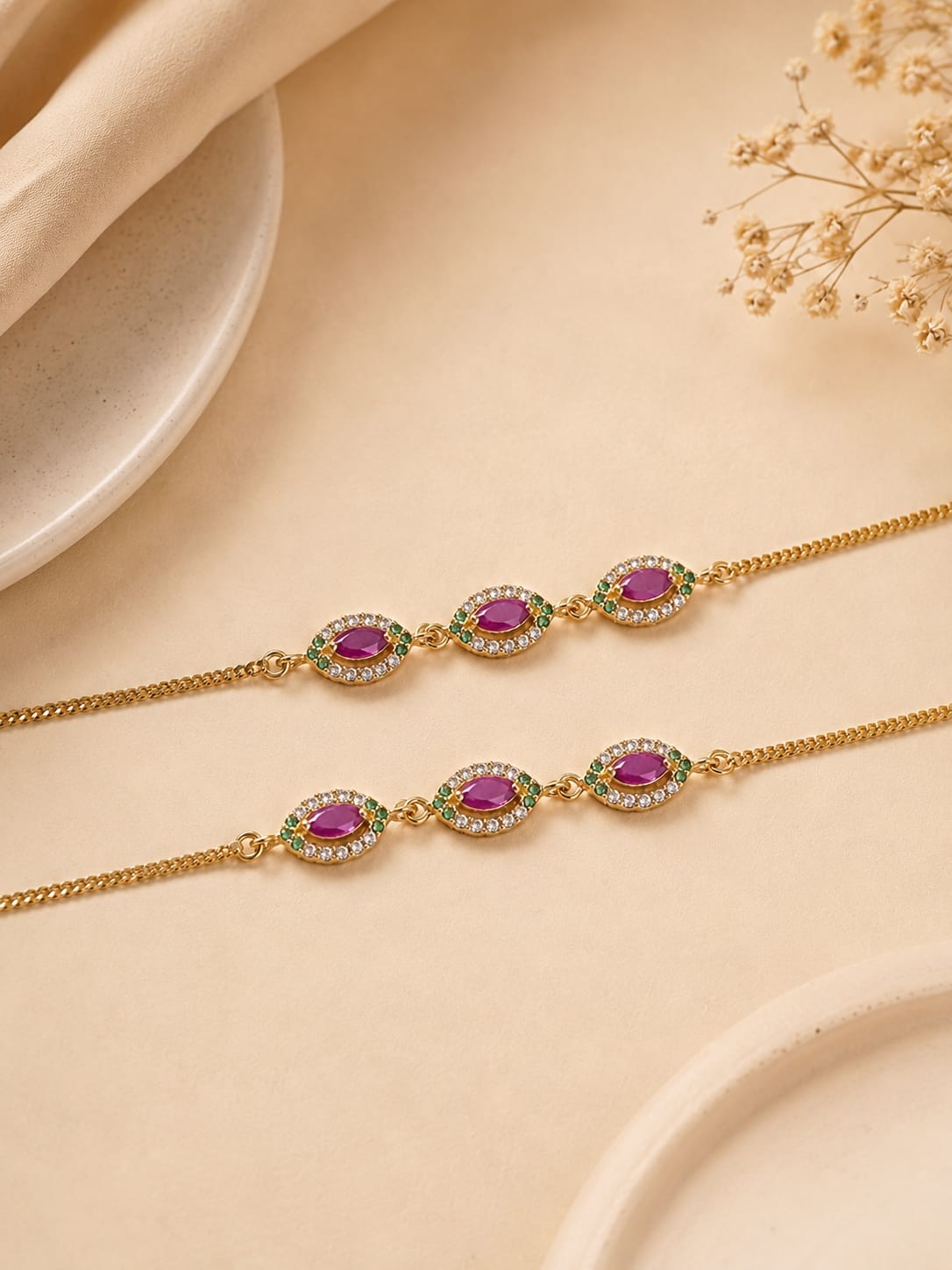 18K Gold Dipped Ruby & Emerald Anklet