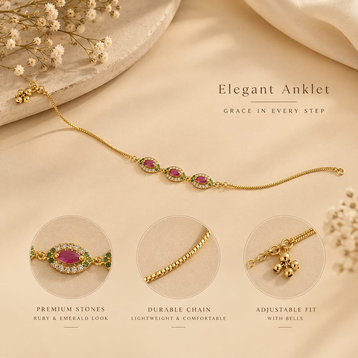 18K Gold Dipped Ruby & Emerald Anklet