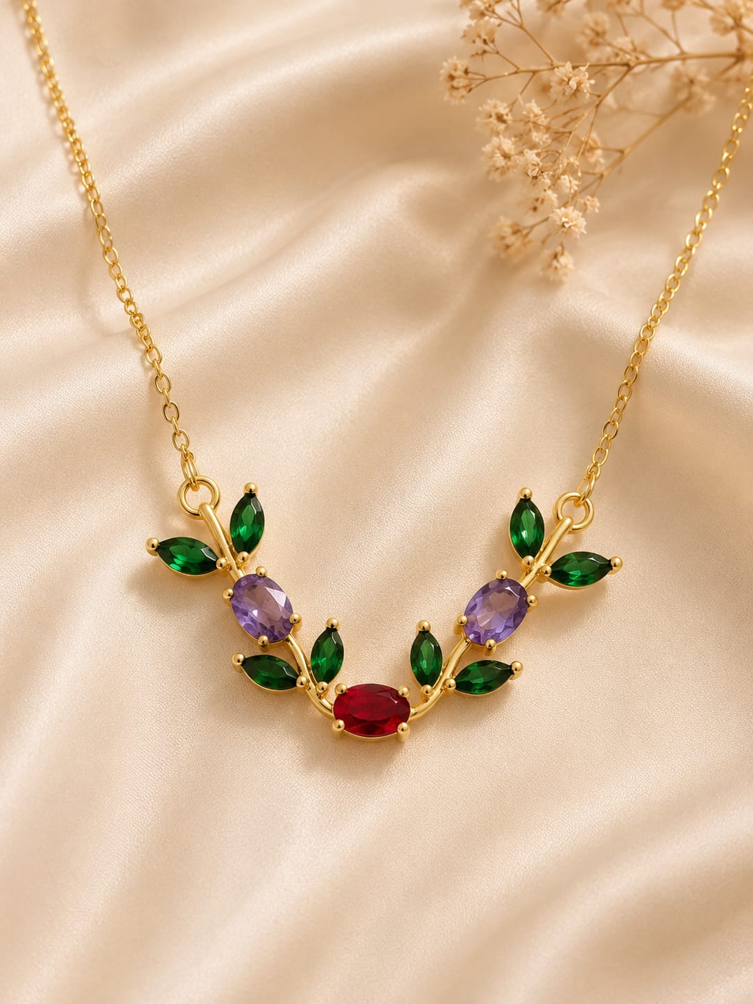 Emerald with Lilac Ruby Floral Necklace