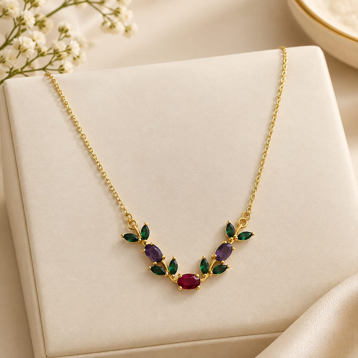 Emerald with Lilac Ruby Floral Necklace