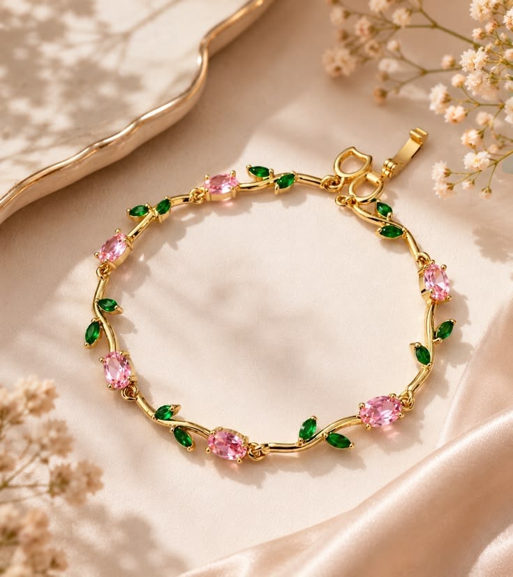 Pink with Green Tulip Anti-Tarnish Bracelet